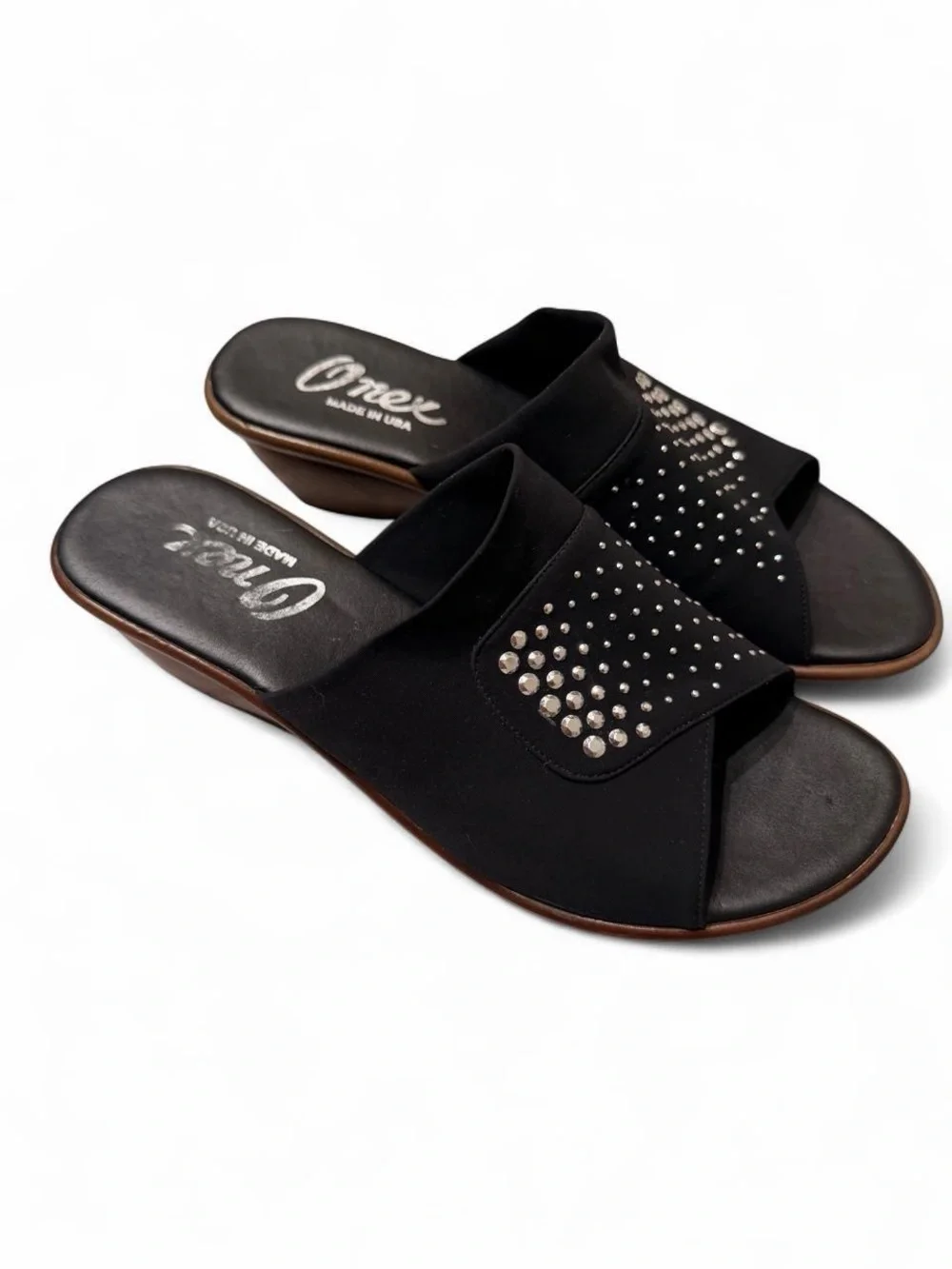 Onex Black Slip-On Wedge Mules with Stud Accents Size 10